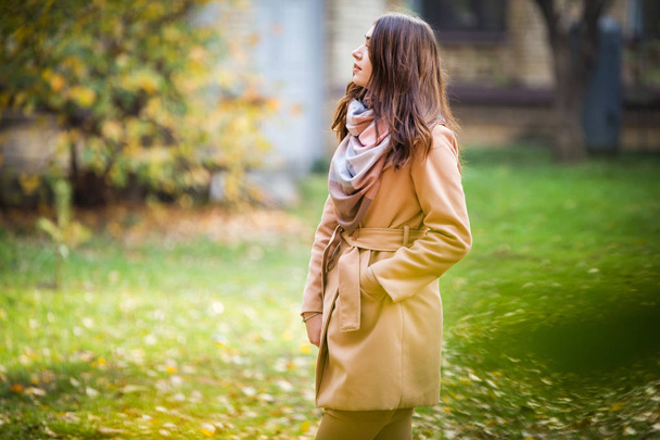 stylish woman in autumn park - Фото, изображение