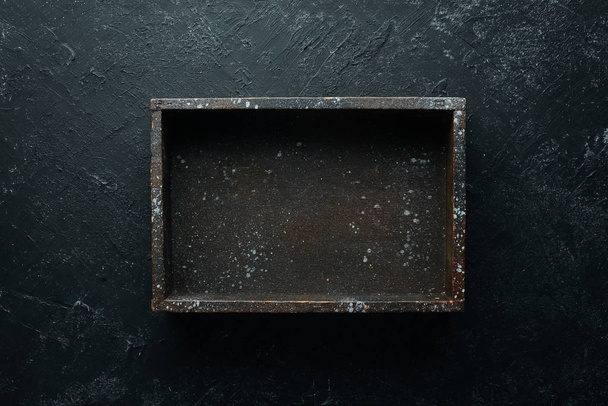 Black old wooden box. Top view. Free copy space. - Valokuva, kuva