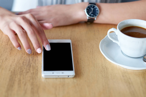 Business woman hands with smart phone and cup of coffee. For Graphic display montage. - Foto, Bild