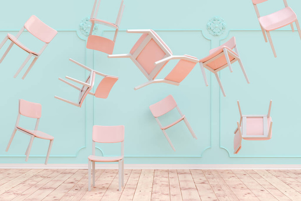 Flying chairs in a room rendering - Photo, Image