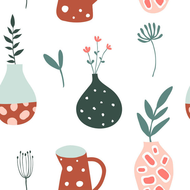 Seamless pattern with flower pots, vases and plants - Vector, Image