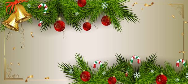 Різдвяна світла композиція з ялиновими гілками, золотими дзвонами та червоними різдвяними кульками
 - Вектор, зображення