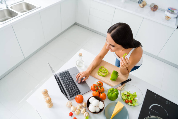Top above high angle photo of positive cheerful housewife want prepare feast supper use her laptop search veggie organic recipe watch movies about cuisine in white kitchen house indoors - Foto, immagini