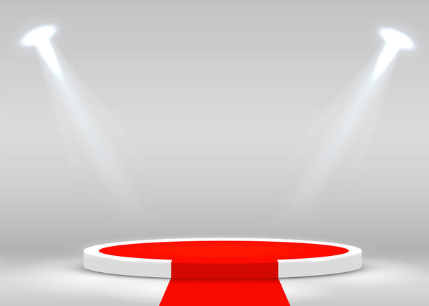 Színpad Podium Scene díjátadó ünnepség megvilágított reflektorfényben és vörös szőnyegen. Díjátadó koncepció. Színpadi háttér. - Vektor, kép