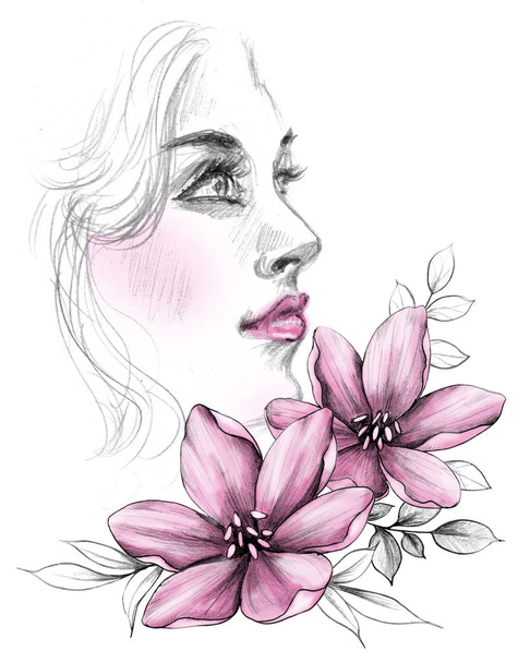 Beautiful Woman Face  in Profile and Pink Flowers - Fotoğraf, Görsel