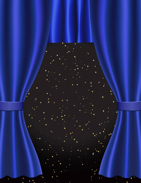 Hintergrund mit blauem Vorhang und Sternen auf dunklem Hintergrund. Entwurf für Präse - Vektor, Bild