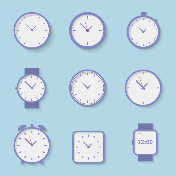 Zegar ikony zestaw kolekcja wektor ilustracja - Płaski styl - Zegar na niebieskim tle - Business watch - Wektor, obraz