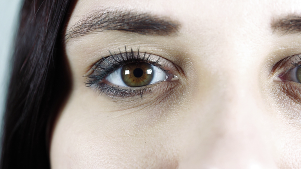 Macro beeld van het menselijk oog met contactlens. Womans oog close-up. Menselijk oog met lange wimpers met mascara. Cosmetica en make-up. - Video
