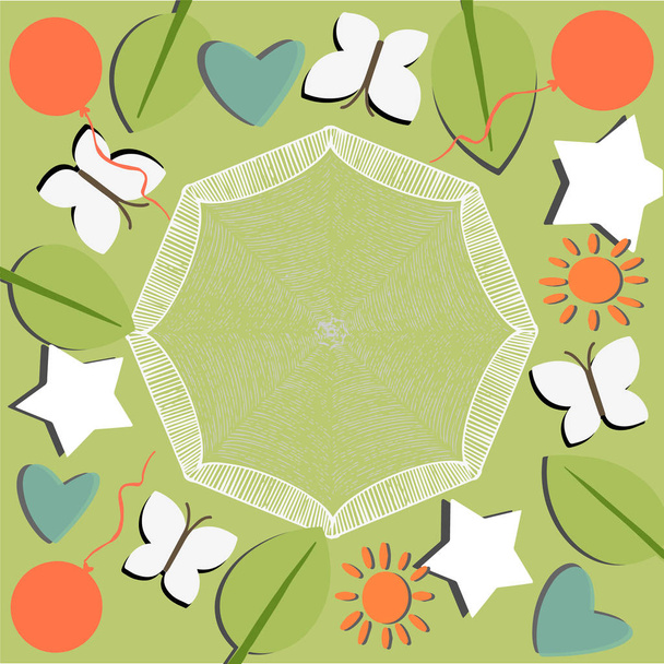 Cadre d'illustration vert vectoriel avec feuilles peintes, arcs, étoiles, coeurs, boules ondulantes. Cadre pour enfants ou autre utilisation.Fond vert
. - Vecteur, image