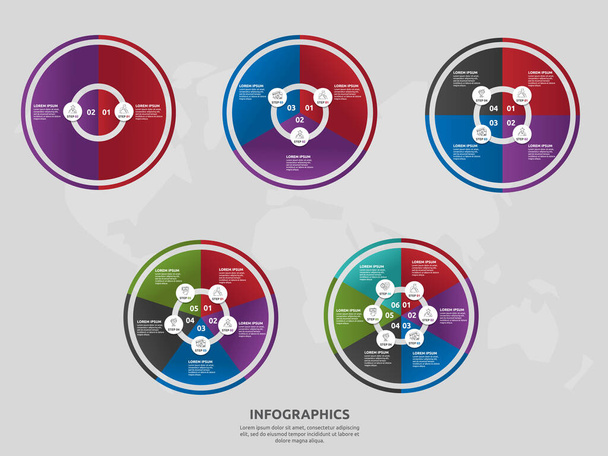 Modello vettoriale cerchio e settore infografica. Impostare il concetto di business con 2, 3, 4, 5, 6. Utilizzato per contenuto, diagramma di flusso, timeline, livelli, marketing, presentazione, grafico, diagrammi, presentazione, grafico
 - Vettoriali, immagini