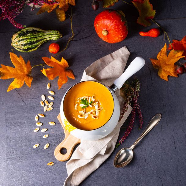 Pumpkin cream soup with roasted pumpkin seeds and seed oil - Fotoğraf, Görsel