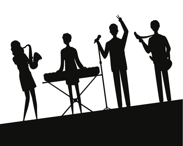 グループミュージックバンドが楽器のシルエットを演奏 - ベクター画像