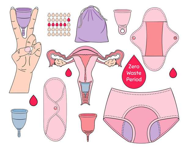 Null Abfall Menstruation Set, weibliche Hygiene und Frauengesundheit - Vektor, Bild