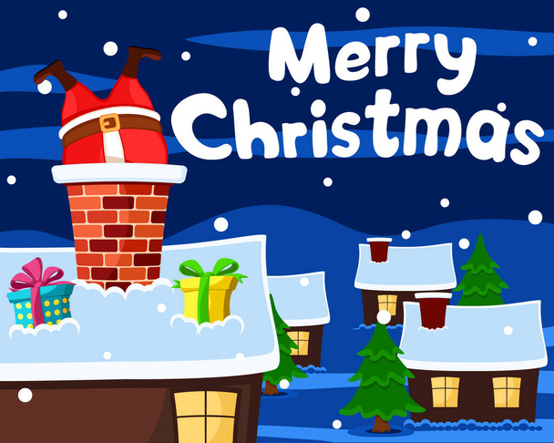 Weihnachtsmann steckt im Schornstein auf Hausdach fest, weihnachtlicher Hintergrund. - Vektor, Bild