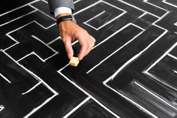 cropped view of businessman putting cut cheese on labyrinth - 写真・画像