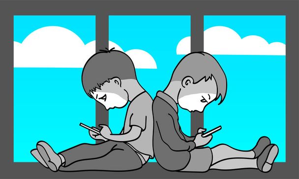 Les enfants sont assis sur la fenêtre avec des smartphones
. - Vecteur, image
