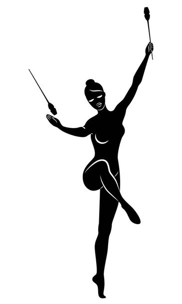 Rhythmische Sportgymnastik. Silhouette eines Mädchens mit Kolben. Großer Turner. Die Frau ist schlank und jung. Vektorillustration - Vektor, Bild