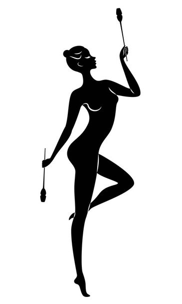 Rhythmic gymnastics. Silhouette of a girl with maces. Great gymnast. The woman is slim and young. Vector illustration - Vetor, Imagem