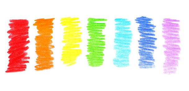Rainbow drawn with colorful pencils on white background, top view - Zdjęcie, obraz