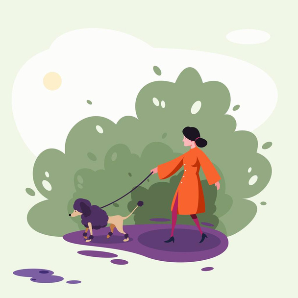 Nuori tyttö oranssi mekko kävelee koiran villakoira rotu taustalla abstrakteja puita. Tasainen vektorikuva. Lemmikit
. - Vektori, kuva