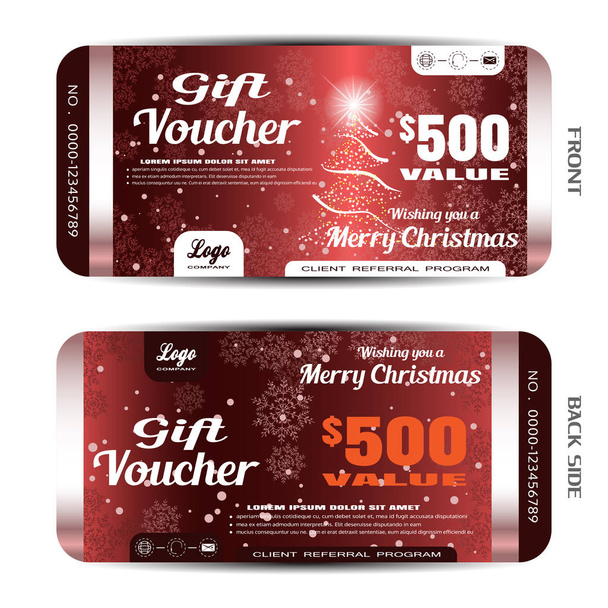 Vector new year gift voucher on the dark red gradient background with Christmas tree, snowflake pattern and snow. - Vector, Image