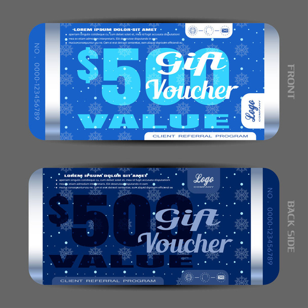 Vector gift voucher on the dark blue background with snowflakes pattern, snowfall and strips. - Vettoriali, immagini