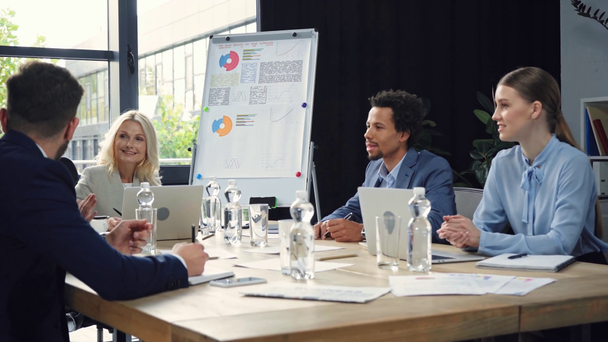monikulttuurinen liikemiehet puhuvat istuessaan pöydällä kokoushuoneessa
 - Materiaali, video