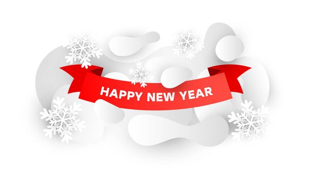 Šťastný Nový rok prodej pozadí design s papírem řezané bílé sněhové vločky a červené stuhy na šedém pozadí pro letáky, plakát - Vektor, obrázek