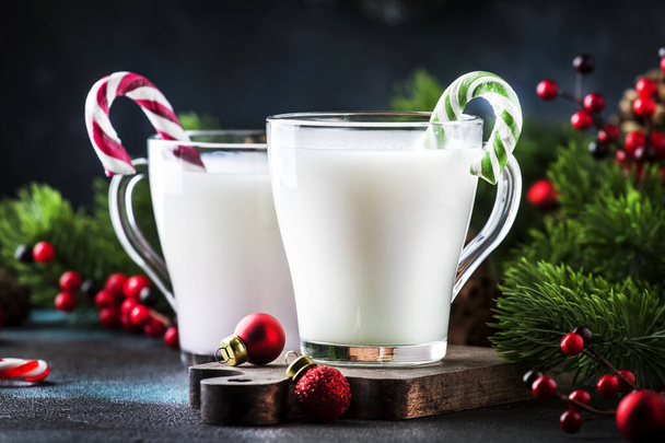 Hot winter white drink with candy sticks, Christmas or New Year decorations, dark background, rustic style, copy space - Valokuva, kuva