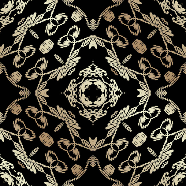 Tapestry χρυσό μπαρόκ στυλ αδιάλειπτη μοτίβο. Κεντήματα φόντο διακοσμητικά διάνυσμα. Damask grunge vintage χρυσά λουλούδια, σχήματα. Υφασμάτινο μοτίβο. Κοσμήματα κεντημένων χαλιών. - Διάνυσμα, εικόνα
