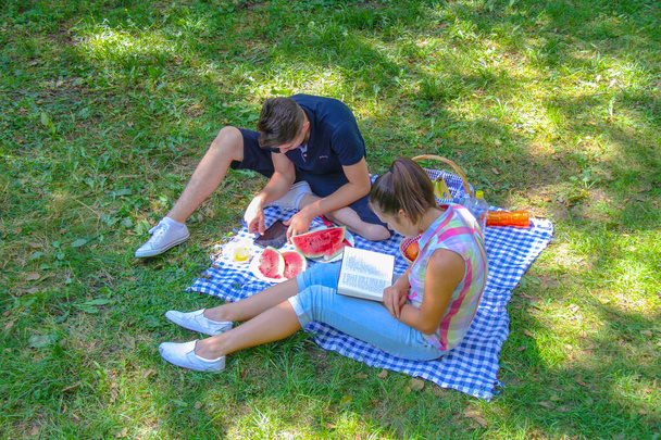 Heureux couple profiter sur pique-nique dans le parc - Photo, image