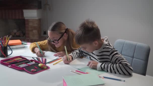 Two Caucasian children doing homework together. Intelligent brother and sister writing in exercise books. Boy in striped jacket and girl in eyeglasses sitting at the table at home and doing tasks. - Кадры, видео