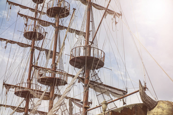 mast of an ancient sailing pirate ship closeup - Photo, Image