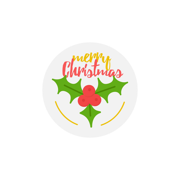 Merry Christmas round icon vector illustration. Holiday, seasonal, winter, festive xmas writing with holly, mistletoe. Isolated cartoon graphic. - Vector, Image