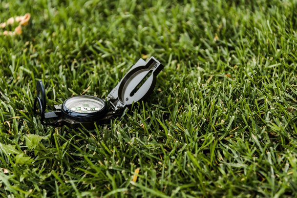 selective focus of retro compass on green grass  - Fotó, kép