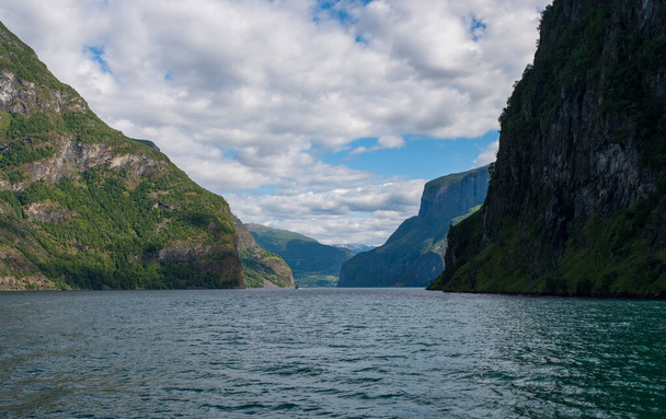 O fiorde de Aurlandsfjord - um ramo estreito e exuberante do fiorde mais longo da Noruega, o fiorde de Sognefjord. Julho de 2019
 - Foto, Imagem