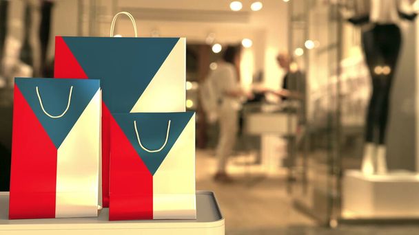 Flag of the Czech Republic on the paper shopping bags against blurred store entrance. Retail related 3D rendering - Foto, Imagem