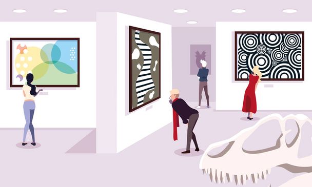 ομάδα ανθρώπων στη σύγχρονη γκαλερί τέχνης, επισκέπτες της έκθεσης που βλέπουν μοντέρνα αφηρημένα έργα ζωγραφικής - Διάνυσμα, εικόνα