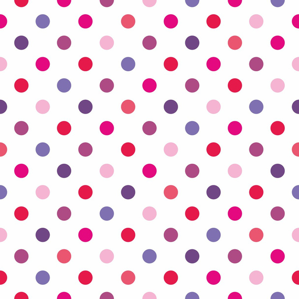 naadloze vector patroon, bitmappatroon of achtergrond met kleurrijke roze, blauwe, paarse en warme rode polka dots op witte achtergrond - Vector, afbeelding