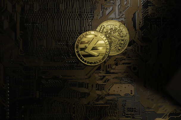 Bilgisayar devre kartındaki Bitcoin altın sikkesi - Fotoğraf, Görsel