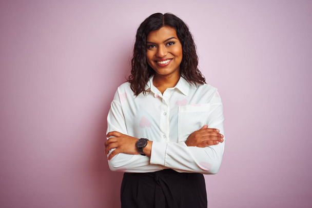 Transsexual transgender businesswoman standing over isolated pink background happy face smiling with crossed arms looking at the camera. Positive person. - Zdjęcie, obraz
