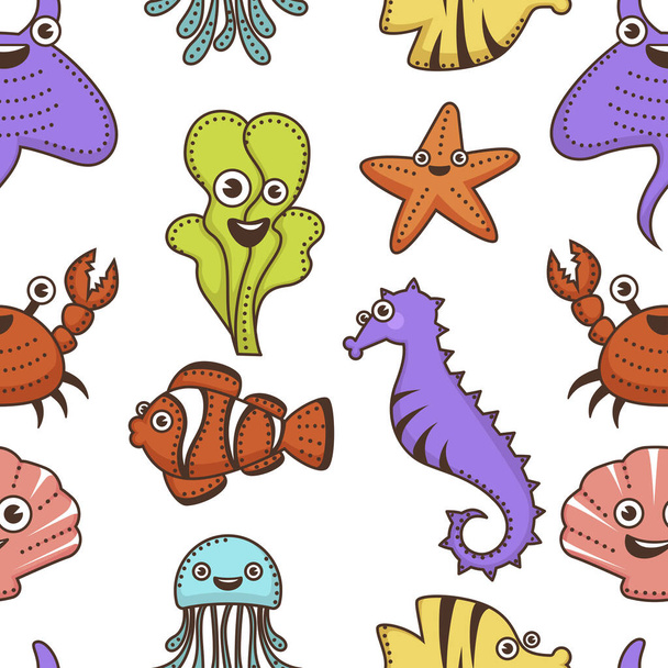 Marine underwater animals and plants cartoon characters seamless pattern vector stingray and seaweed starfish and crab seahorse and clown fish jellyfish and flounder shellfish endless texture - Vector, imagen