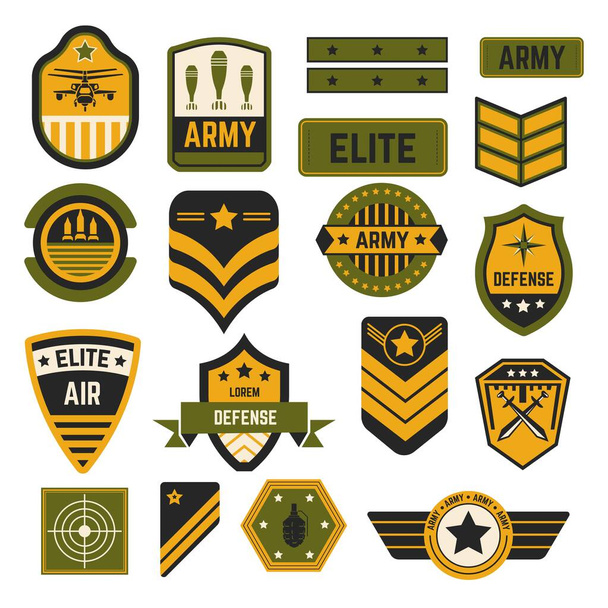Elite military service army signs and badges or stripes vector air and navy country defense stars helicopter and bombs swords and rockets aim or target soldier accessories state servants emblems - Vector, Image