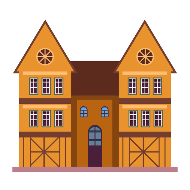 Edifício residencial de estilo europeu antigo. Três loja clássica mansão simétrica casa com porta de entrada arqueada e janelas redondas. Ilustração vetorial isolada sobre fundo branco
. - Vetor, Imagem