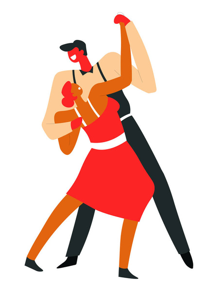 Bailando tango. Un par de bailarines profesionales actuando en la pista de baile de la competencia. Fiesta latina. Mujer vestida de rojo, hombre con pajarita. Hobby y la actividad de ocio ilustración vectorial aislado
. - Vector, Imagen