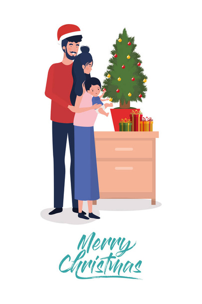 familieleden met dennenboom kerstviering - Vector, afbeelding