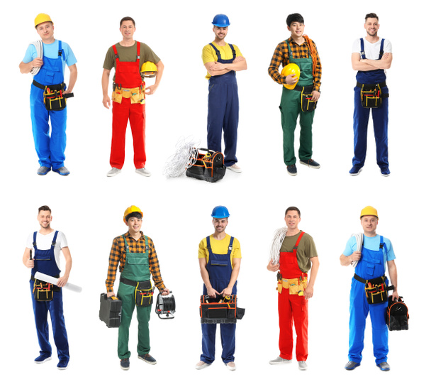 Diferentes electricistas masculinos sobre fondo blanco
 - Foto, imagen