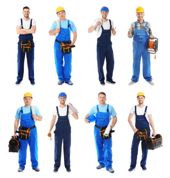 Different male electricians on white background - Φωτογραφία, εικόνα