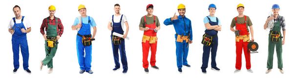 Verschillende mannelijke elektriciens op witte achtergrond - Foto, afbeelding