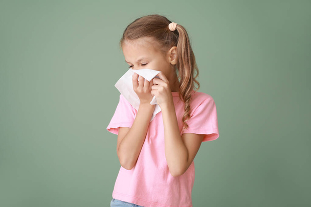 Little girl suffering from allergy on color background - Photo, Image